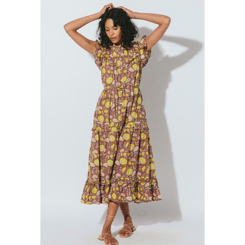 Cleobella Harper Midi yellow floral brown ruffle tiered cotton dress. Medium